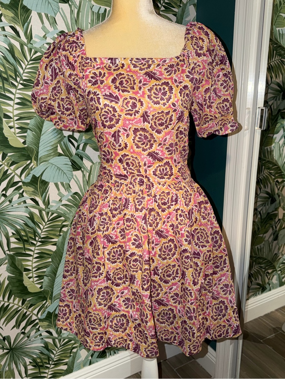 Banjanan Minnie Dress Pink Purple Floral Square-Neck Puff Sleeve Dress Small